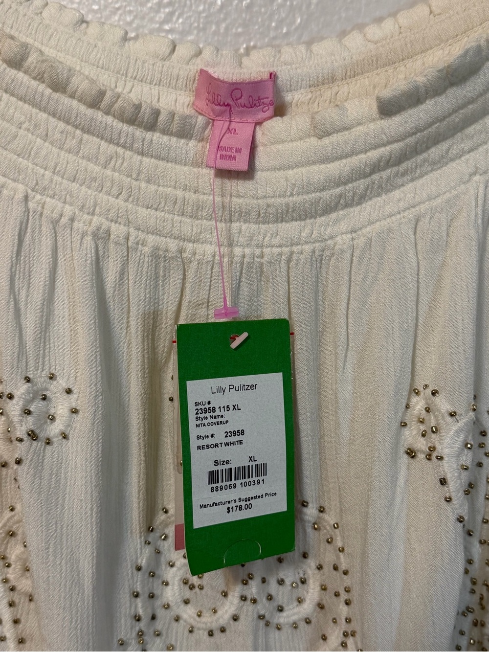 Lilly Pulitzer Nita White Off-Shoulder Beaded Tunic Top XL Bell Sleeve coveralls